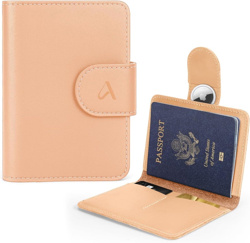 ALLIVE Genuine Leather Passport Holder, Rfid Passport Holder for Travel with AirTag Hidden, Passport Cover Wallet Travel Must Haves Airport Essentials, Passport Cover Travel Gifts (Beige) - Image 1